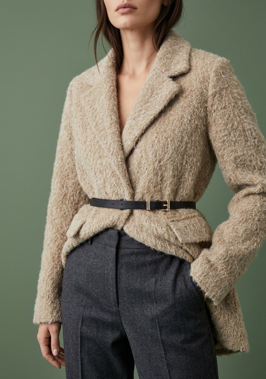 Blazer Teddy Doux Ceinturé Élégance Hiver