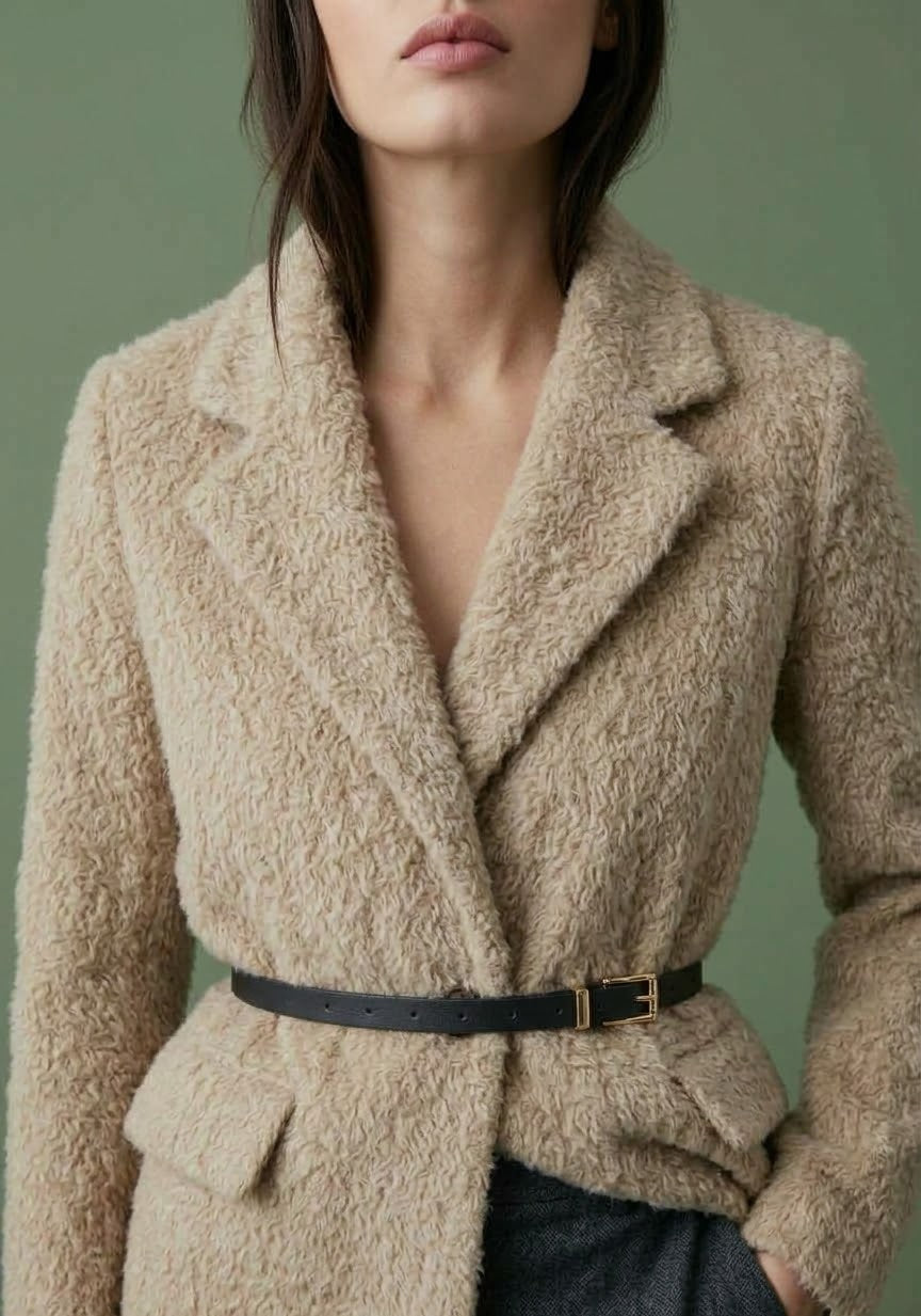 Blazer Teddy Doux Ceinturé Élégance Hiver