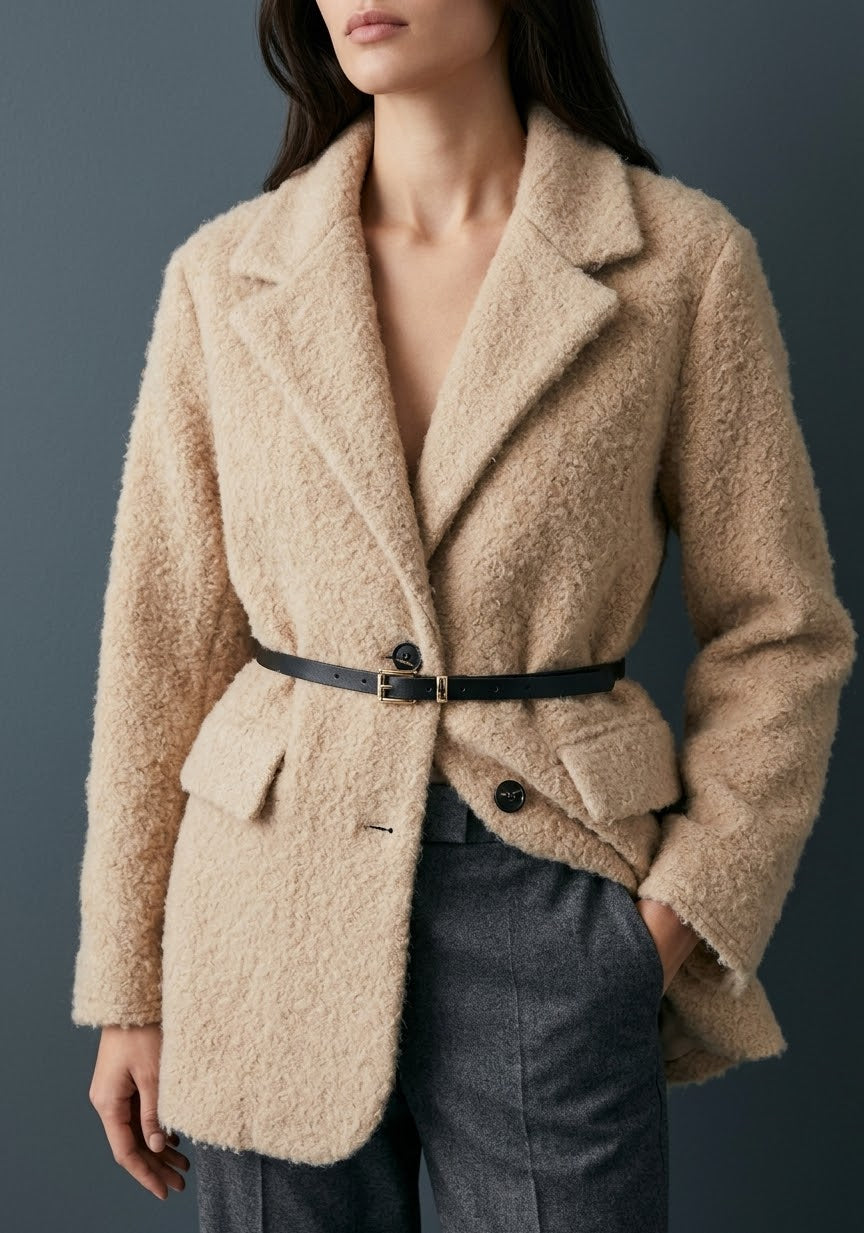 Blazer Teddy Doux Ceinturé Élégance Hiver