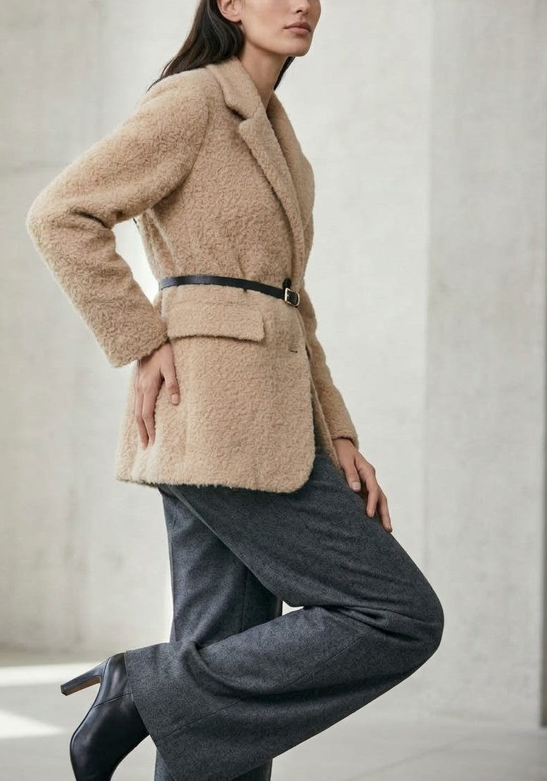 Blazer Teddy Doux Ceinturé Élégance Hiver