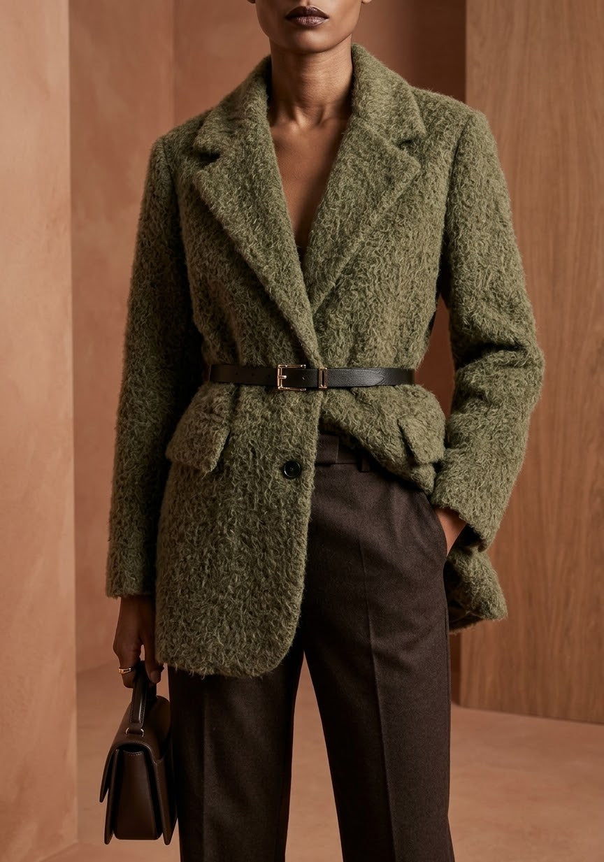 Blazer Teddy Doux Ceinturé Élégance Hiver
