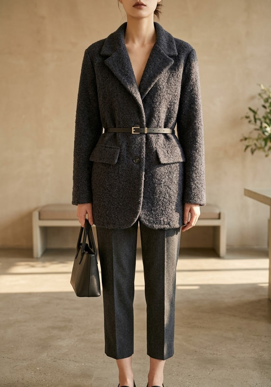 Blazer Teddy Doux Ceinturé Élégance Hiver