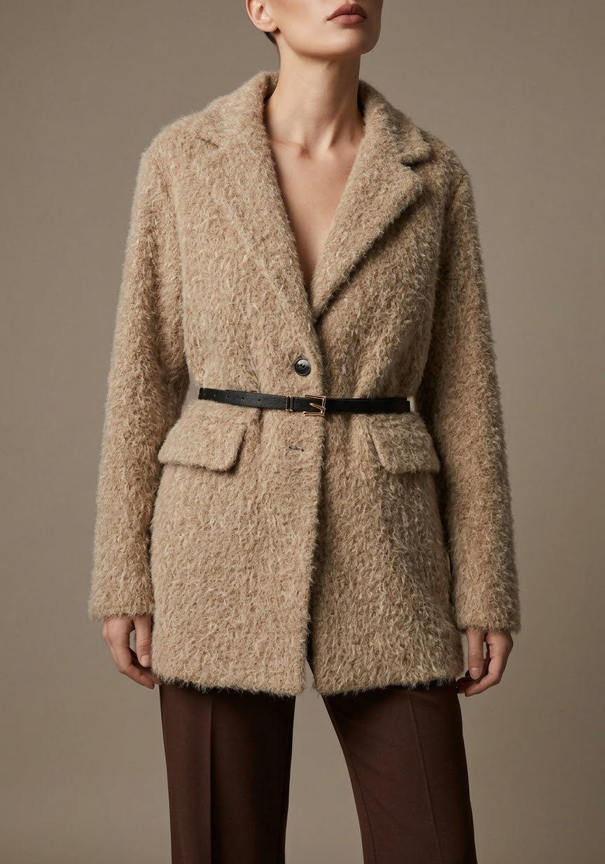 Blazer Teddy Doux Ceinturé Élégance Hiver