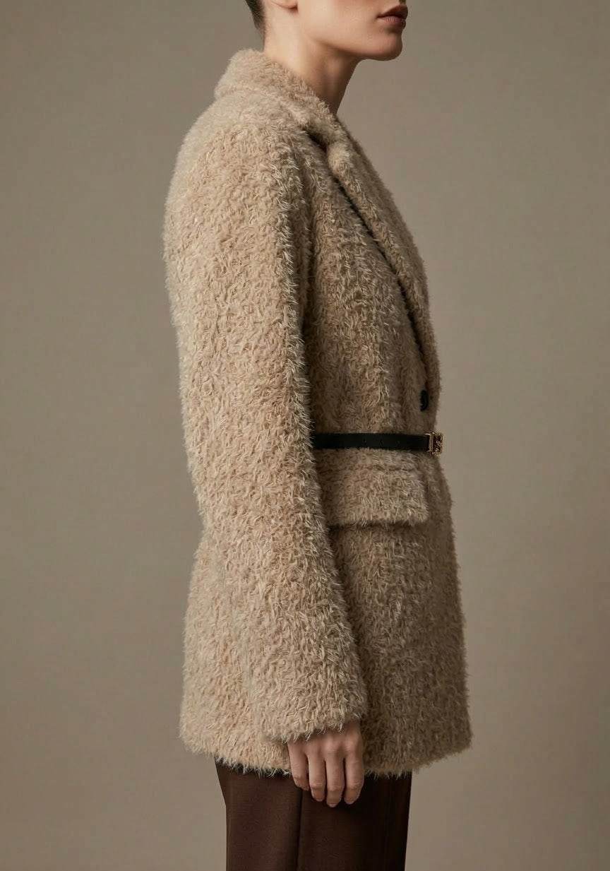 Blazer Teddy Doux Ceinturé Élégance Hiver