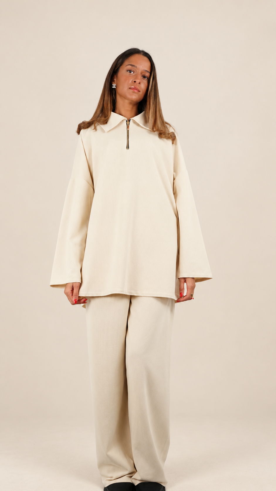 Ensemble Oversize Premium Beige Ivoire à Col Zippé