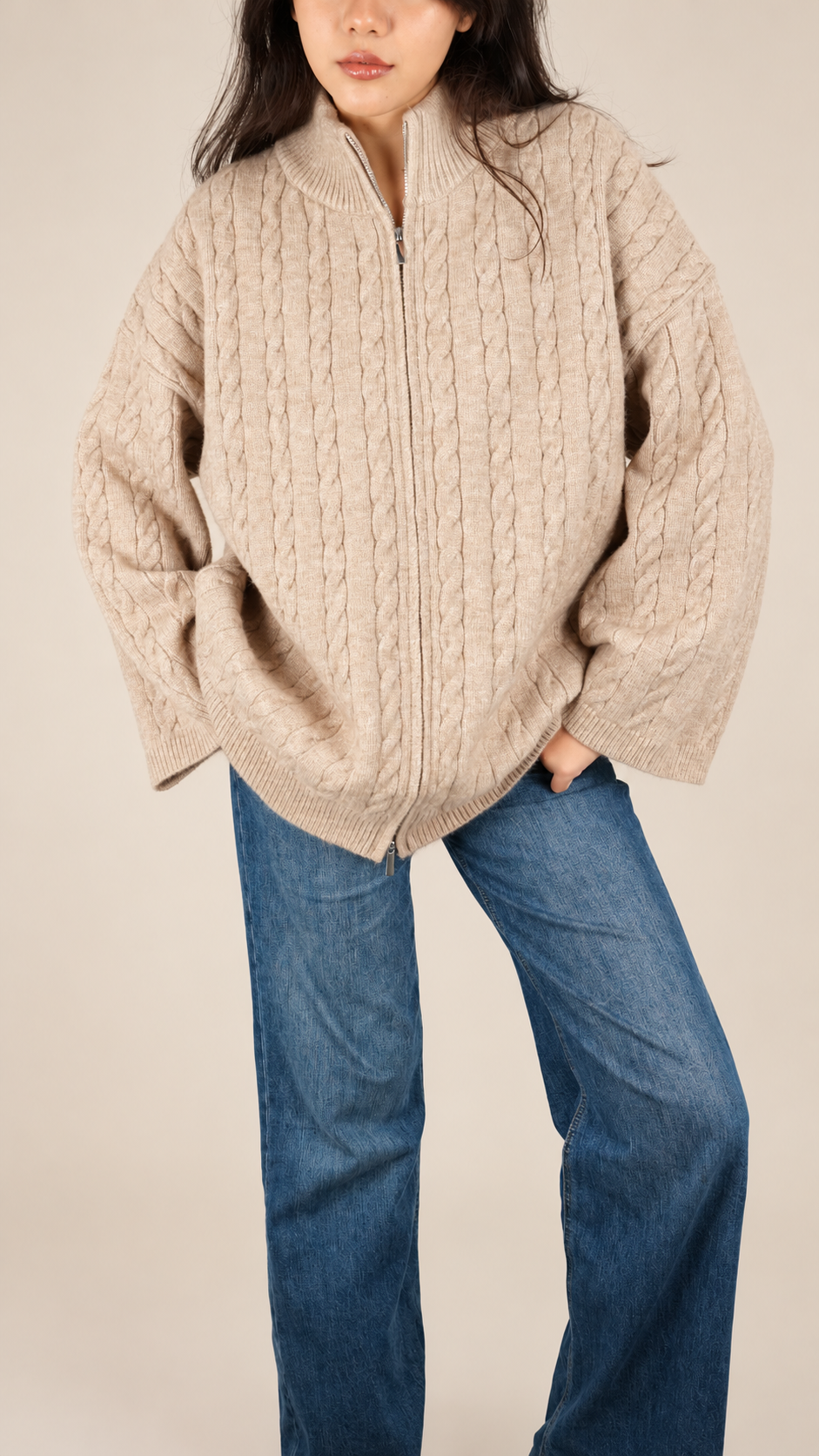 Gilet Maille Torsadée Zippé Oversize Femme