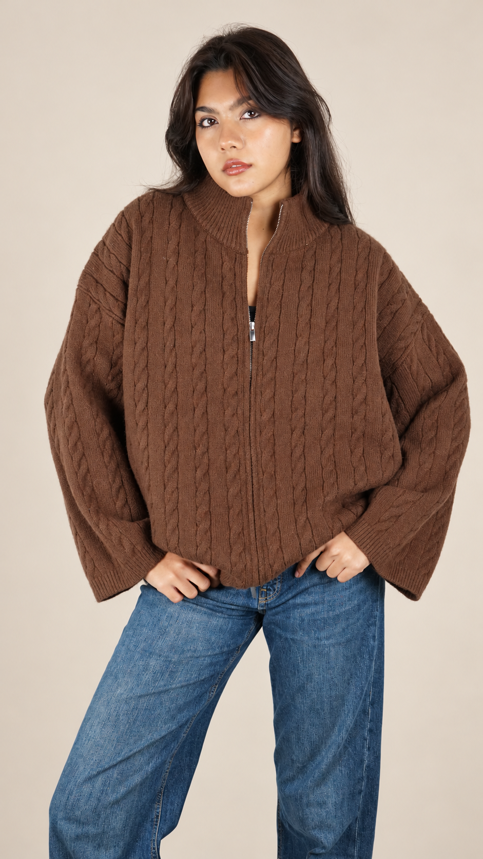 Gilet Maille Torsadée Zippé Oversize Femme