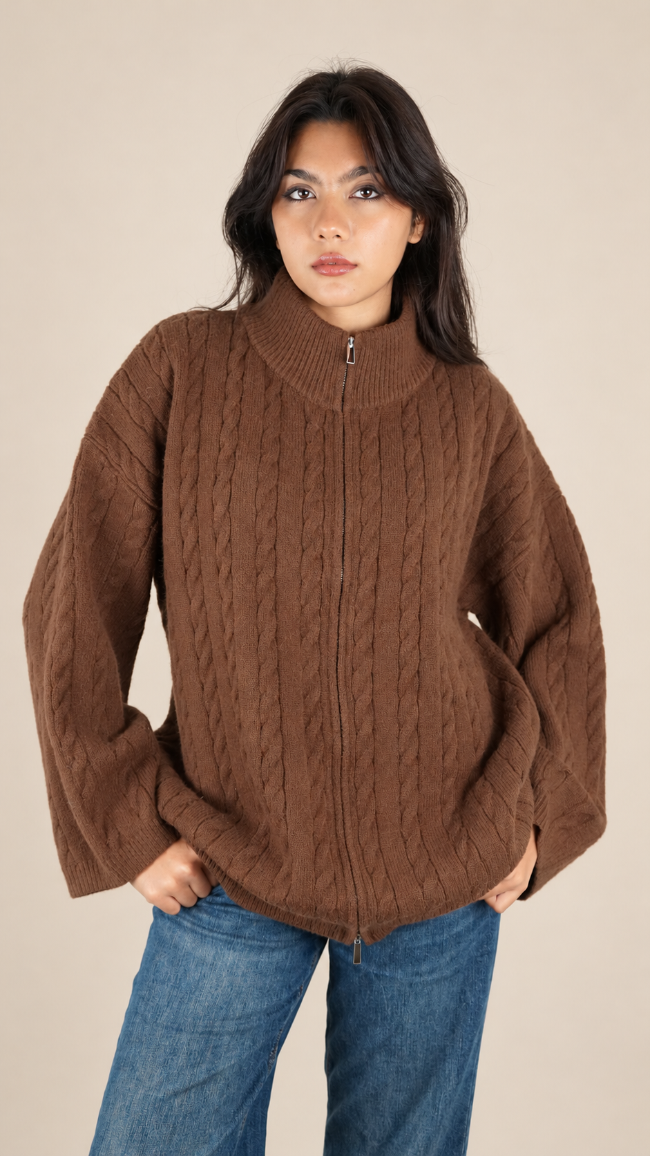 Gilet Maille Torsadée Zippé Oversize Femme