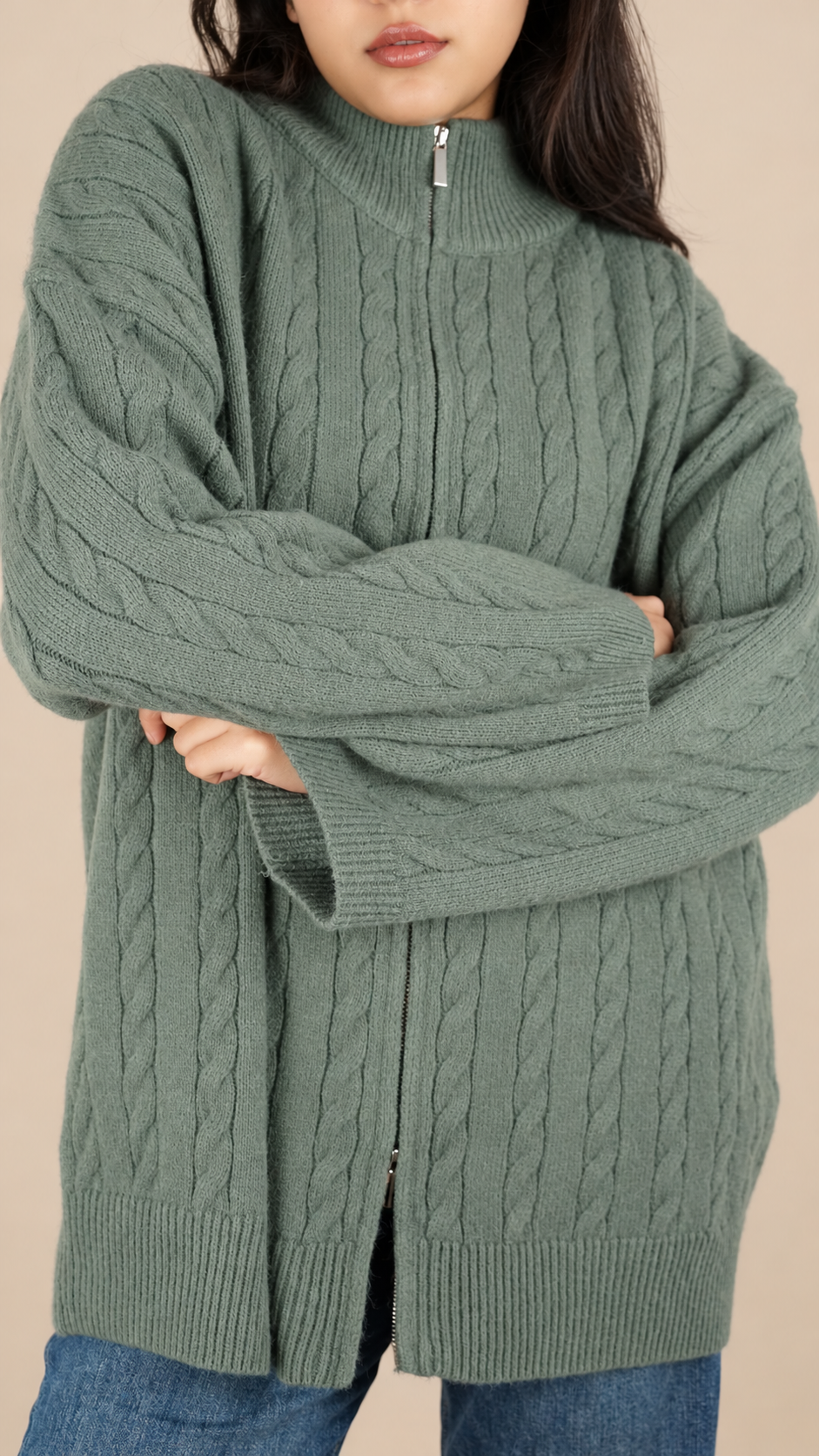 Gilet Maille Torsadée Zippé Oversize Femme