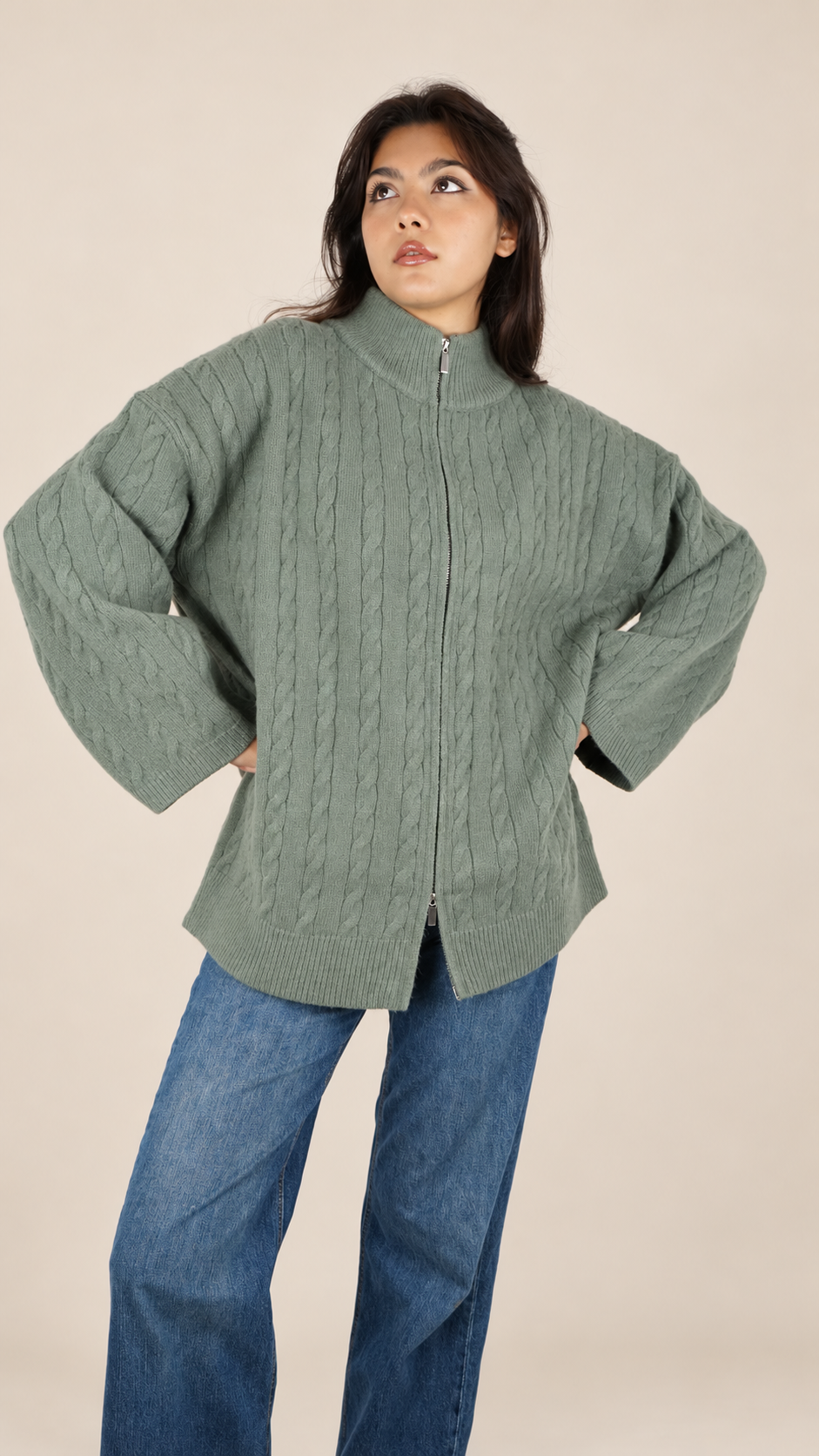 Gilet Maille Torsadée Zippé Oversize Femme