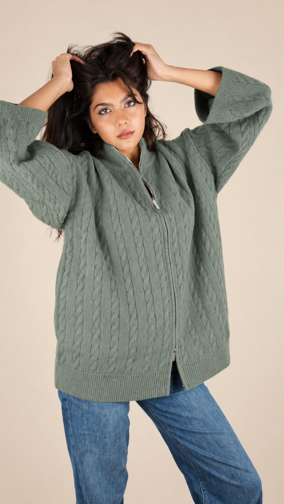 Gilet Maille Torsadée Zippé Oversize Femme
