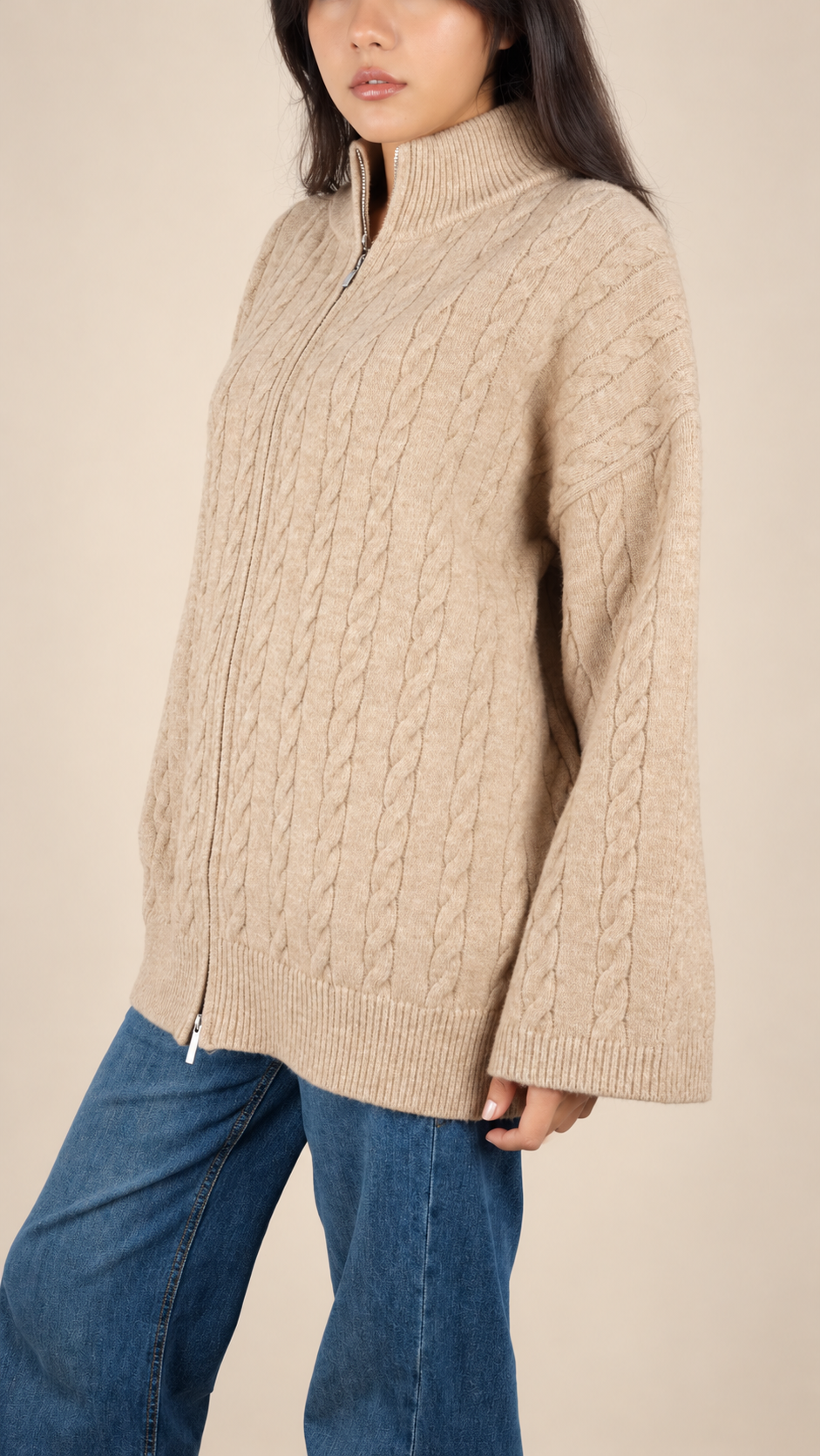 Gilet Maille Torsadée Zippé Oversize Femme