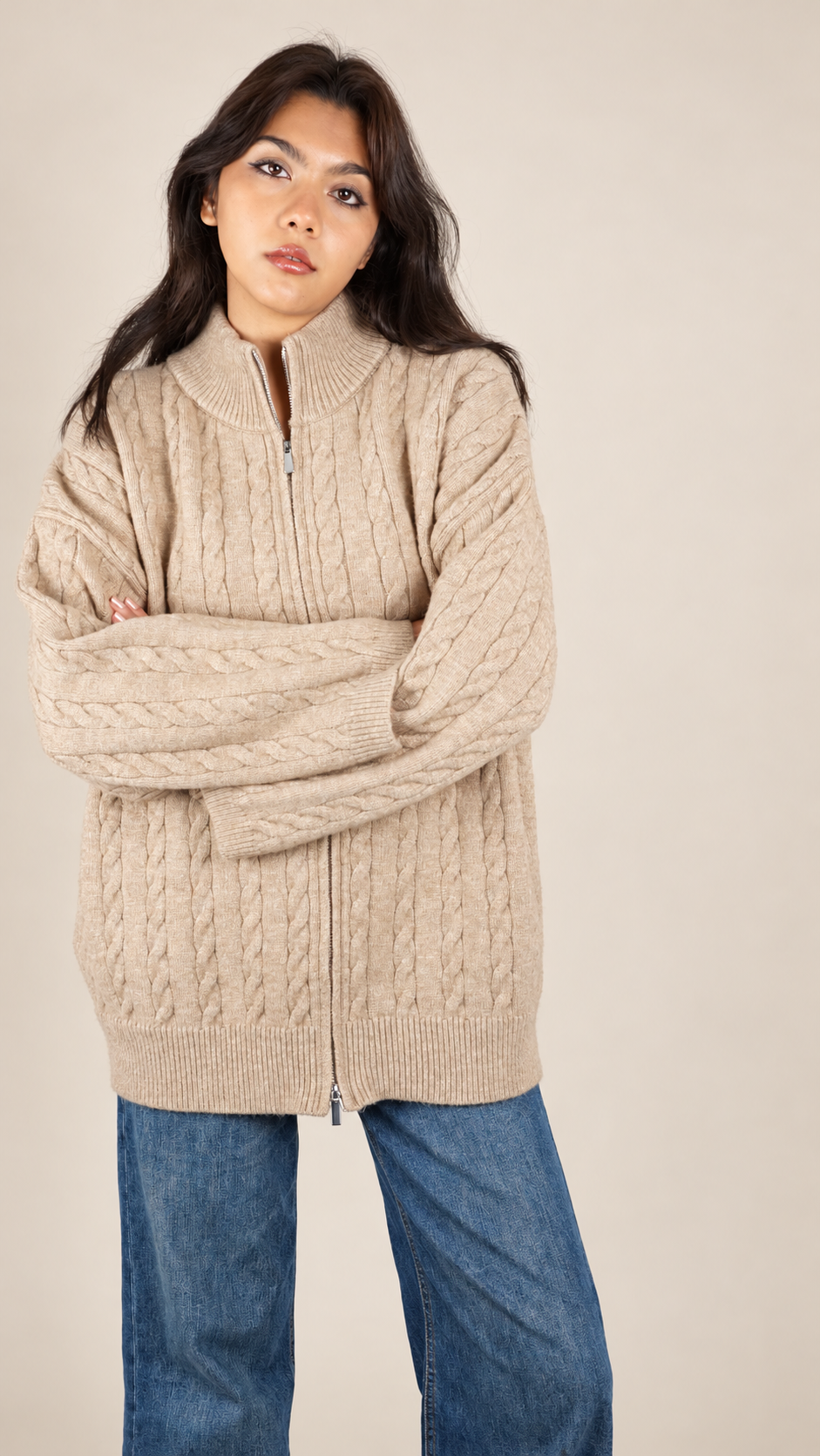 Gilet Maille Torsadée Zippé Oversize Femme