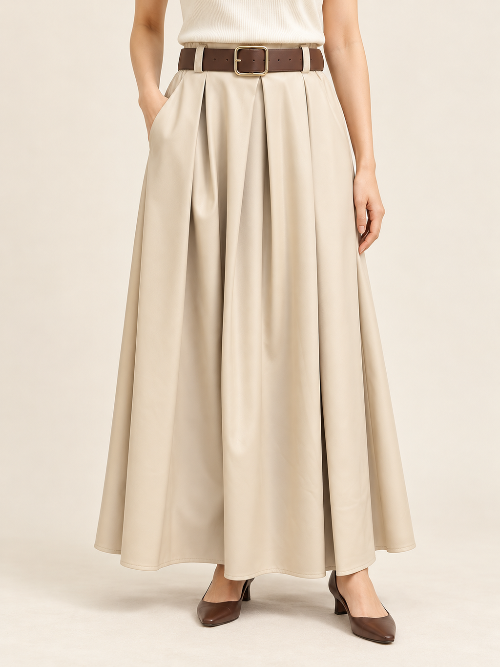 Jupe Longue Simili Cuir Plissée avec Ceinture Élégance