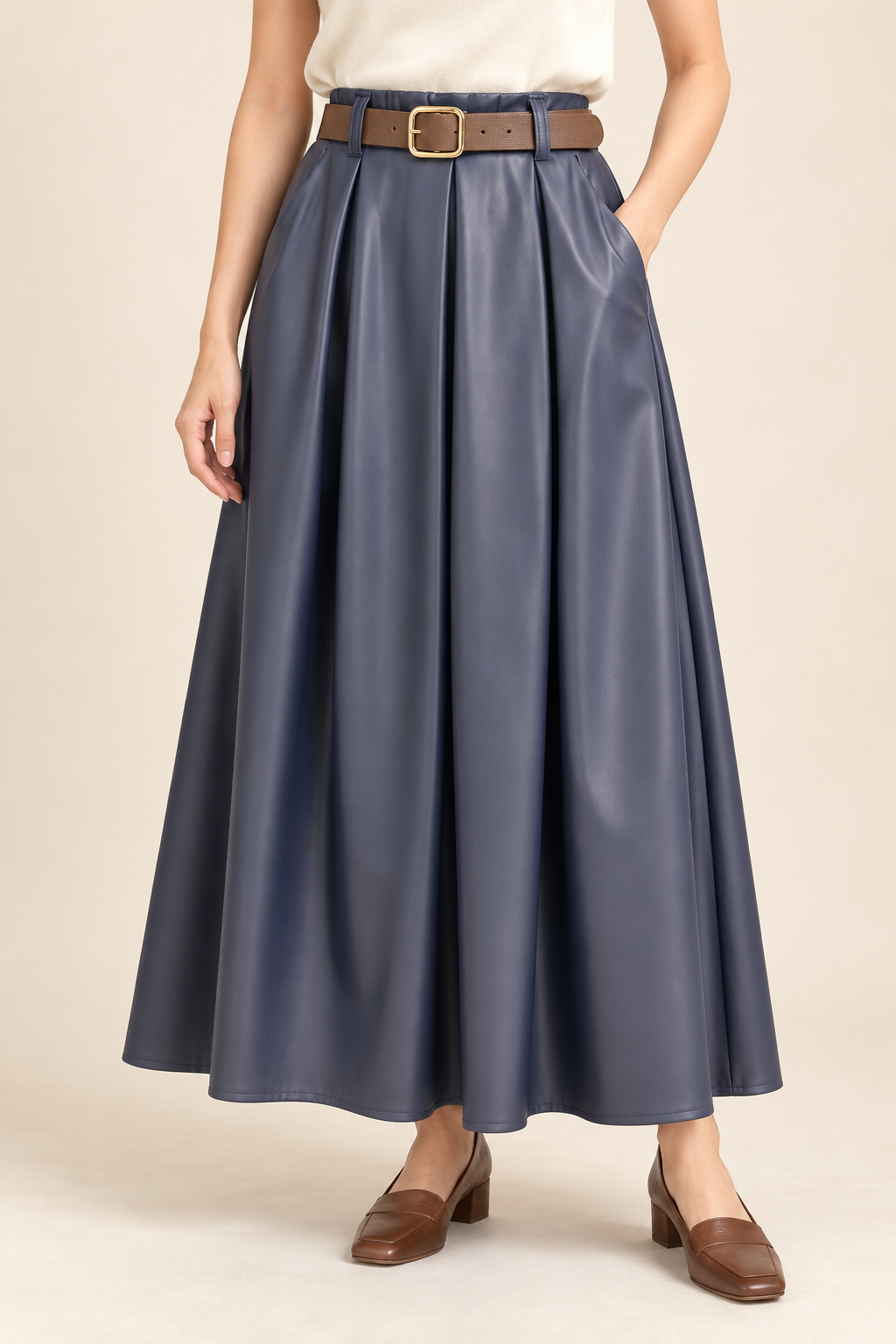 Jupe Longue Simili Cuir Plissée avec Ceinture Élégance
