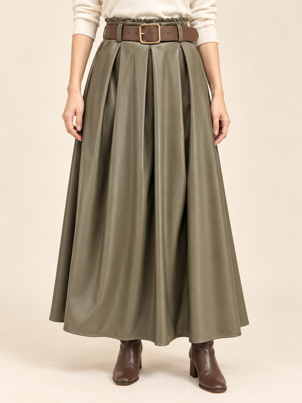 Jupe Longue Simili Cuir Plissée avec Ceinture Élégance