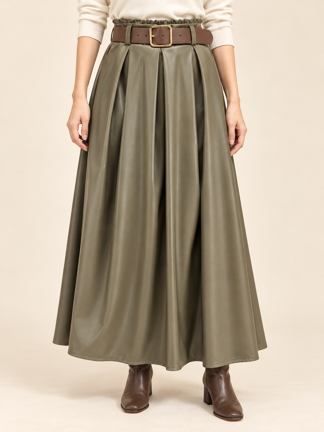 Jupe Longue Simili Cuir Plissée avec Ceinture Élégance