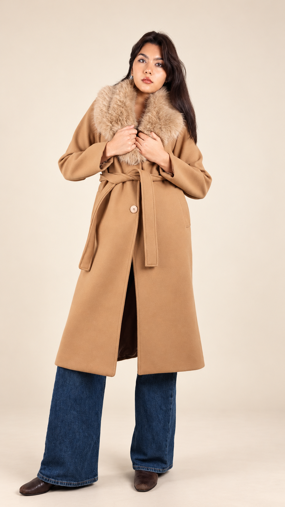 Manteau Long Camel Premium à Col Fourrure Luxe