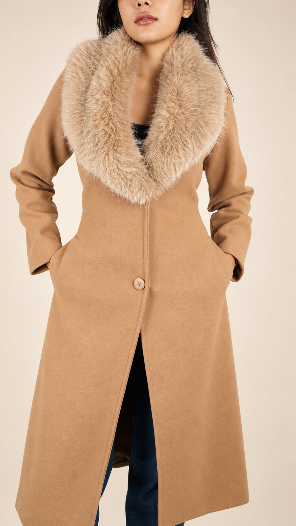 Manteau Long Camel Premium à Col Fourrure Luxe