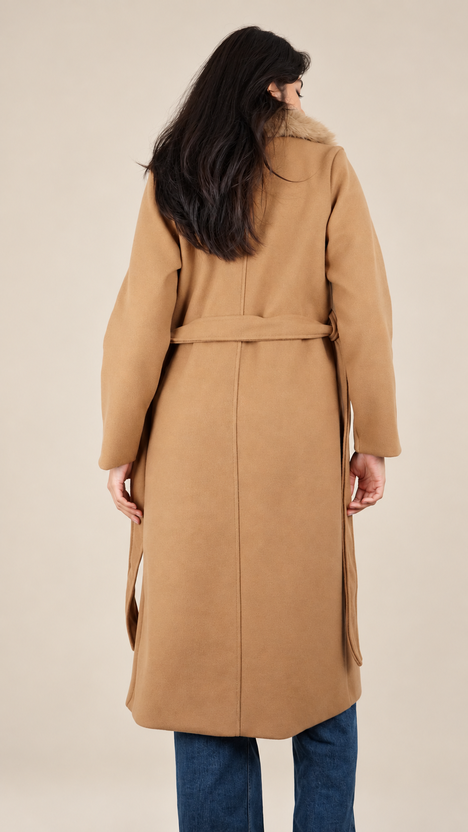 Manteau Long Camel Premium à Col Fourrure Luxe