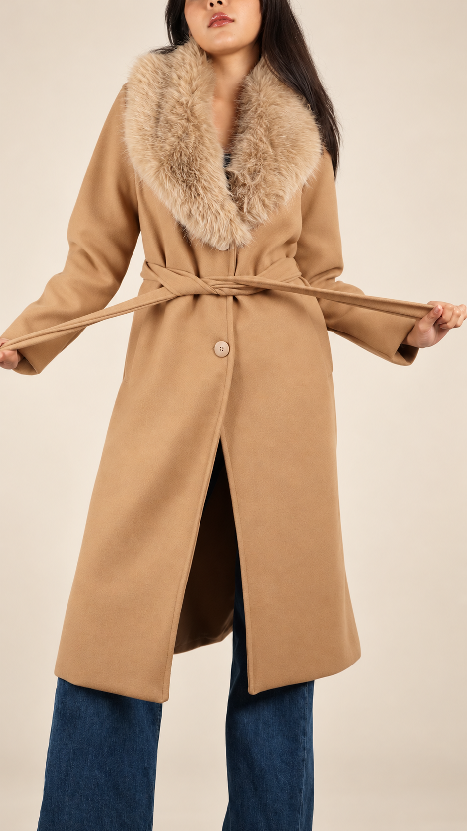 Manteau Long Camel Premium à Col Fourrure Luxe