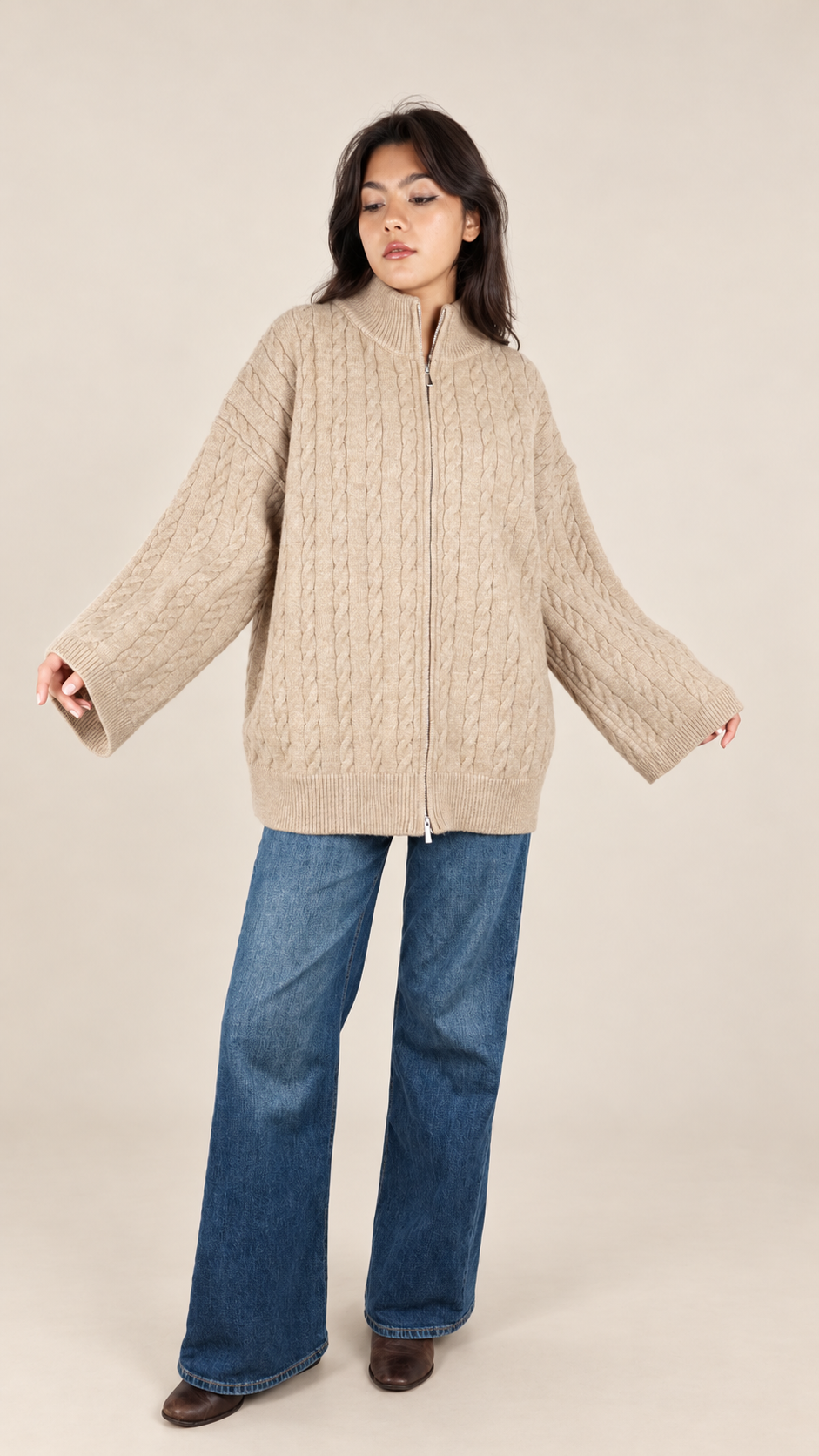 Gilet Maille Torsadée Zippé Oversize Femme